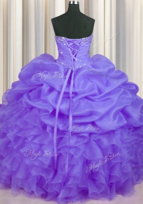Dazzling Lavender Ball Gowns Sweetheart Sleeveless Organza Floor Length Lace Up Beading and Ruffles and Pick Ups Quinceanera Gown