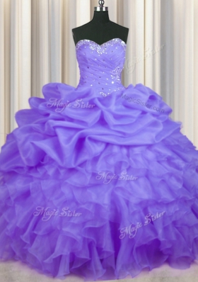 Dazzling Lavender Ball Gowns Sweetheart Sleeveless Organza Floor Length Lace Up Beading and Ruffles and Pick Ups Quinceanera Gown