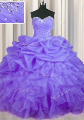 Dazzling Lavender Ball Gowns Sweetheart Sleeveless Organza Floor Length Lace Up Beading and Ruffles and Pick Ups Quinceanera Gown