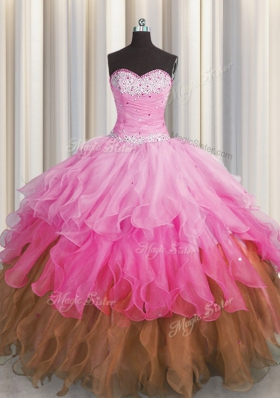 Extravagant Multi-color Sweetheart Lace Up Beading and Ruffles and Ruffled Layers and Sequins Quince Ball Gowns Sleeveless