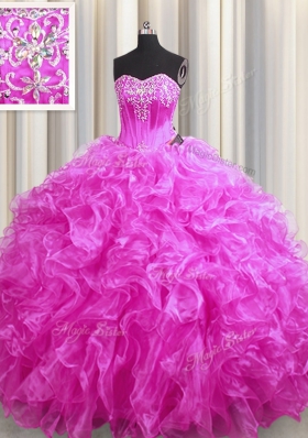 Eye-catching Organza Sweetheart Sleeveless Sweep Train Lace Up Beading and Ruffles 15 Quinceanera Dress in Fuchsia