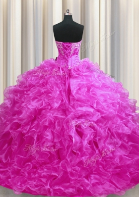Eye-catching Organza Sweetheart Sleeveless Sweep Train Lace Up Beading and Ruffles 15 Quinceanera Dress in Fuchsia