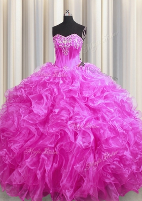 Eye-catching Organza Sweetheart Sleeveless Sweep Train Lace Up Beading and Ruffles 15 Quinceanera Dress in Fuchsia
