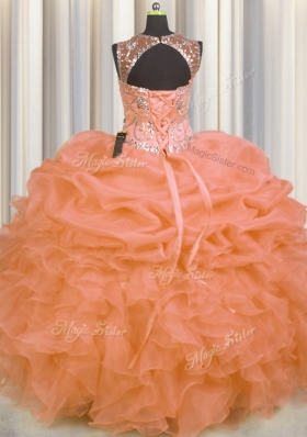 Fantastic See Through Beading and Ruffles and Pick Ups Quinceanera Gown Orange Lace Up Sleeveless Floor Length