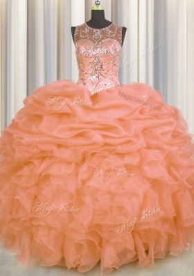 Fantastic See Through Beading and Ruffles and Pick Ups Quinceanera Gown Orange Lace Up Sleeveless Floor Length