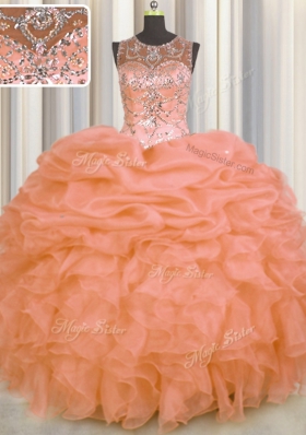 Fantastic See Through Beading and Ruffles and Pick Ups Quinceanera Gown Orange Lace Up Sleeveless Floor Length