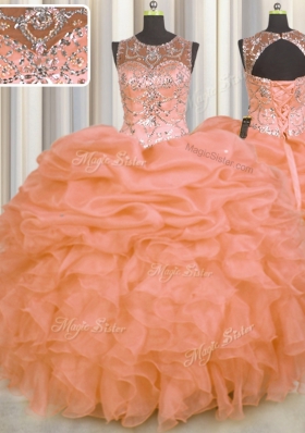 Fantastic See Through Beading and Ruffles and Pick Ups Quinceanera Gown Orange Lace Up Sleeveless Floor Length