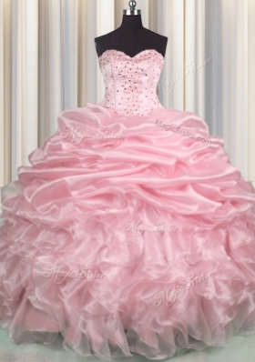 Fine Sweetheart Sleeveless Organza Vestidos de Quinceanera Beading and Ruffles and Pick Ups Brush Train Lace Up