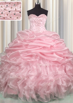 Fine Sweetheart Sleeveless Organza Vestidos de Quinceanera Beading and Ruffles and Pick Ups Brush Train Lace Up