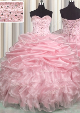 Fine Sweetheart Sleeveless Organza Vestidos de Quinceanera Beading and Ruffles and Pick Ups Brush Train Lace Up