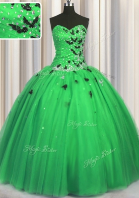 Floor Length Green Quinceanera Gowns Tulle Sleeveless Beading and Appliques