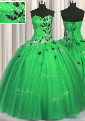 Floor Length Green Quinceanera Gowns Tulle Sleeveless Beading and Appliques