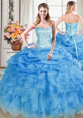 Four Piece Floor Length Lace Up Quinceanera Gown Blue and In for Military Ball and Sweet 16 and Quinceanera with Beading and Ruffles and Pick Ups