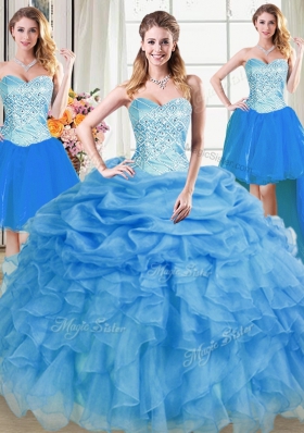 Four Piece Floor Length Lace Up Quinceanera Gown Blue and In for Military Ball and Sweet 16 and Quinceanera with Beading and Ruffles and Pick Ups