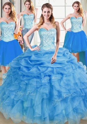 Four Piece Floor Length Lace Up Quinceanera Gown Blue and In for Military Ball and Sweet 16 and Quinceanera with Beading and Ruffles and Pick Ups
