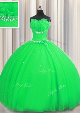 Glorious Handcrafted Flower Sleeveless Floor Length Beading and Sequins and Hand Made Flower Lace Up 15 Quinceanera Dress with Green