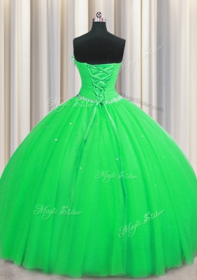 Glorious Handcrafted Flower Sleeveless Floor Length Beading and Sequins and Hand Made Flower Lace Up 15 Quinceanera Dress with Green