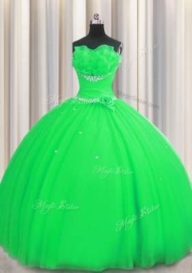 Glorious Handcrafted Flower Sleeveless Floor Length Beading and Sequins and Hand Made Flower Lace Up 15 Quinceanera Dress with Green