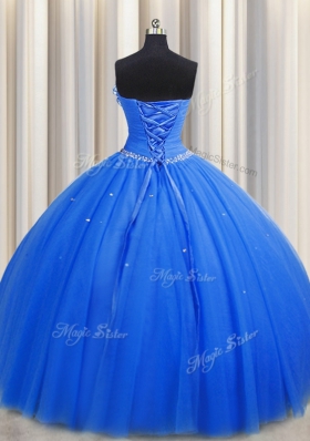 Handcrafted Flower Strapless Sleeveless Tulle Quinceanera Dresses Beading and Sequins and Hand Made Flower Lace Up