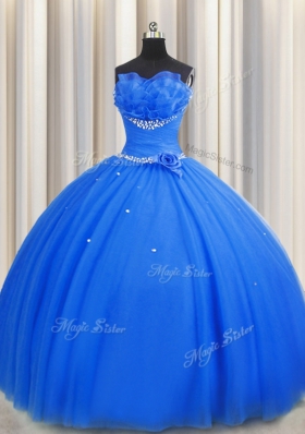 Handcrafted Flower Strapless Sleeveless Tulle Quinceanera Dresses Beading and Sequins and Hand Made Flower Lace Up