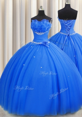 Handcrafted Flower Strapless Sleeveless Tulle Quinceanera Dresses Beading and Sequins and Hand Made Flower Lace Up