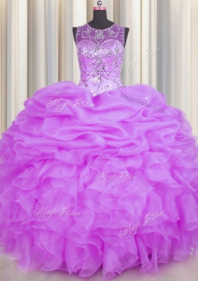 Latest See Through Lilac Backless Scoop Beading and Ruffles and Pick Ups Sweet 16 Dress Organza Sleeveless