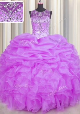 Latest See Through Lilac Backless Scoop Beading and Ruffles and Pick Ups Sweet 16 Dress Organza Sleeveless
