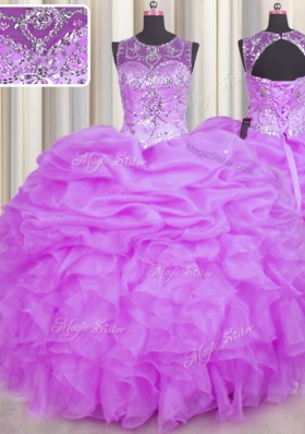 Latest See Through Lilac Backless Scoop Beading and Ruffles and Pick Ups Sweet 16 Dress Organza Sleeveless