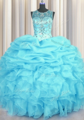 Low Price Scoop See Through Sleeveless Floor Length Beading and Ruffles and Pick Ups Lace Up Quince Ball Gowns with Aqua Blue