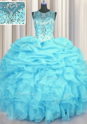 Low Price Scoop See Through Sleeveless Floor Length Beading and Ruffles and Pick Ups Lace Up Quince Ball Gowns with Aqua Blue