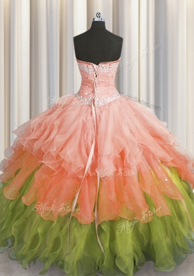 Multi-color Lace Up Sweetheart Beading and Ruffles and Ruffled Layers and Sequins Quinceanera Gown Organza Sleeveless