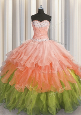 Multi-color Lace Up Sweetheart Beading and Ruffles and Ruffled Layers and Sequins Quinceanera Gown Organza Sleeveless