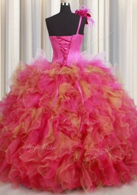 Multi-color One Shoulder Lace Up Beading and Ruffles and Hand Made Flower Quinceanera Gowns Sleeveless