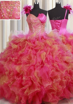 Multi-color One Shoulder Lace Up Beading and Ruffles and Hand Made Flower Quinceanera Gowns Sleeveless