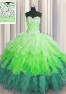 Multi-color Sweetheart Neckline Beading and Ruffles and Ruffled Layers and Sequins 15th Birthday Dress Sleeveless Lace Up