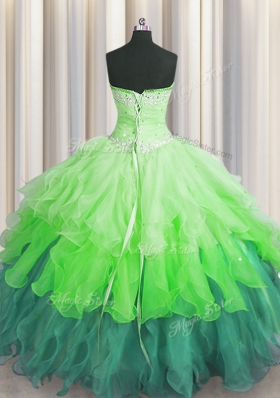 Multi-color Sweetheart Neckline Beading and Ruffles and Ruffled Layers and Sequins 15th Birthday Dress Sleeveless Lace Up