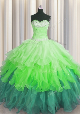Multi-color Sweetheart Neckline Beading and Ruffles and Ruffled Layers and Sequins 15th Birthday Dress Sleeveless Lace Up