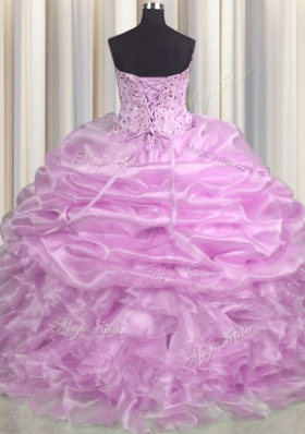 Pick Ups Brush Train Ball Gowns Vestidos de Quinceanera Lilac Sweetheart Organza Sleeveless Floor Length Lace Up