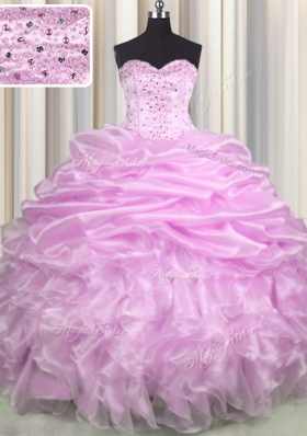 Pick Ups Brush Train Ball Gowns Vestidos de Quinceanera Lilac Sweetheart Organza Sleeveless Floor Length Lace Up