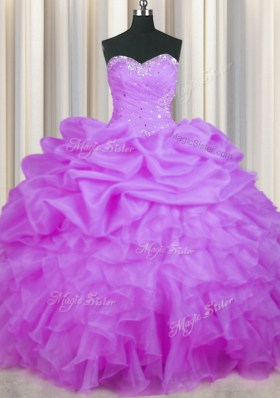 Purple Sleeveless Beading and Ruffles and Pick Ups Floor Length Quinceanera Gown