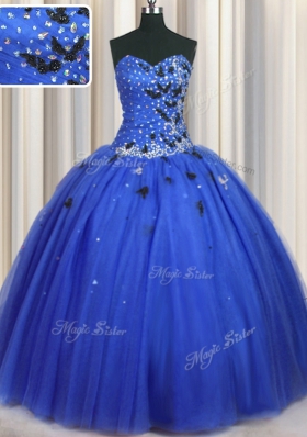 Royal Blue Ball Gowns Sweetheart Sleeveless Tulle Floor Length Lace Up Beading and Appliques 15 Quinceanera Dress