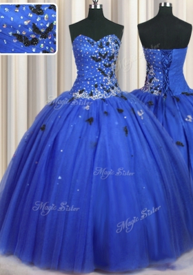 Royal Blue Ball Gowns Sweetheart Sleeveless Tulle Floor Length Lace Up Beading and Appliques 15 Quinceanera Dress