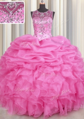 See Through Floor Length Rose Pink Ball Gown Prom Dress Scoop Sleeveless Lace Up