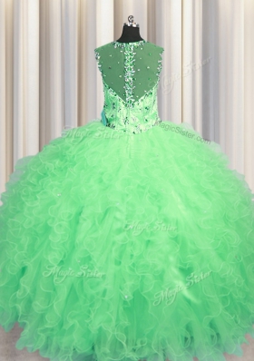 See Through Zipper Up Straps Sleeveless Sweet 16 Quinceanera Dress Floor Length Beading and Ruffles Apple Green Tulle