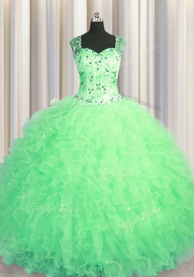 See Through Zipper Up Straps Sleeveless Sweet 16 Quinceanera Dress Floor Length Beading and Ruffles Apple Green Tulle
