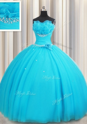 Sleeveless Beading and Ruffles and Hand Made Flower Lace Up Quinceanera Gowns