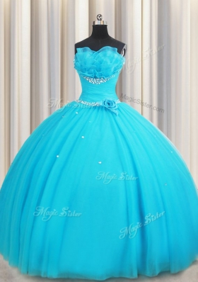 Sleeveless Beading and Ruffles and Hand Made Flower Lace Up Quinceanera Gowns