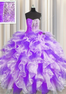 Sleeveless Floor Length Beading and Ruffles and Ruching Lace Up 15 Quinceanera Dress with White And Purple