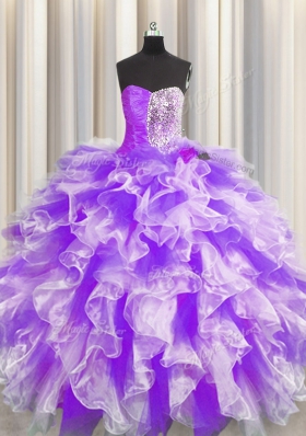 Sleeveless Floor Length Beading and Ruffles and Ruching Lace Up 15 Quinceanera Dress with White And Purple