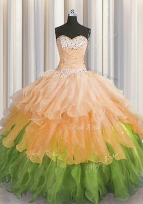 Sweetheart Sleeveless Organza 15th Birthday Dress Beading and Ruffles and Ruffled Layers and Sequins Lace Up